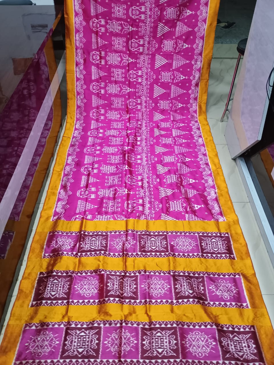 Magenta Yellow Laxmi Pada Chita Design Mulberry Silk Saree