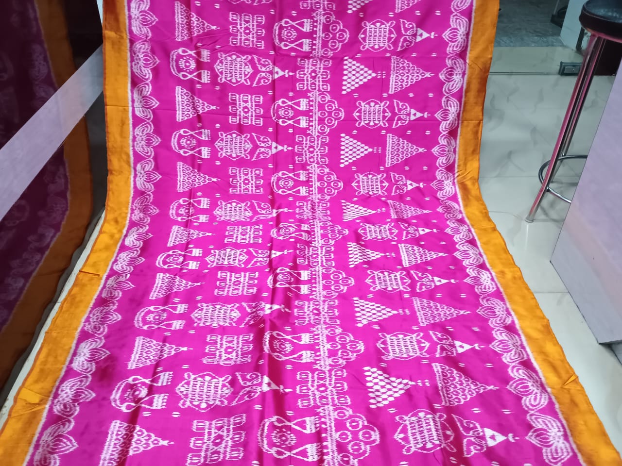 Magenta Yellow Laxmi Pada Chita Design Mulberry Silk Saree