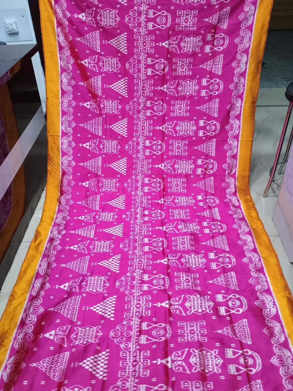 Magenta Yellow Laxmi Pada Chita Design Mulberry Silk Saree