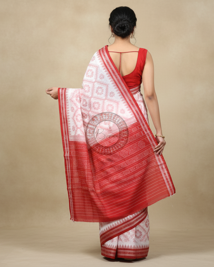 White Red Flower Design Odisha Handloom Sambalpuri Cotton Saree