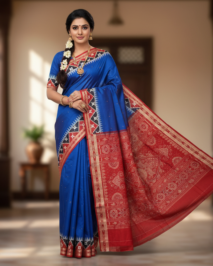 Blue Maroon Buti Handloom Sambalpuri Cotton Saree