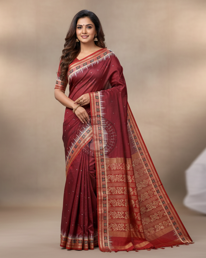 Coffee Maroon Buti Pasapali Handloom Sambalpuri Cotton Saree
