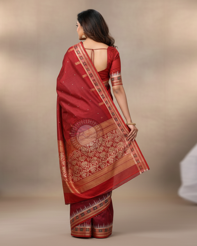 Coffee Maroon Buti Pasapali Handloom Sambalpuri Cotton Saree