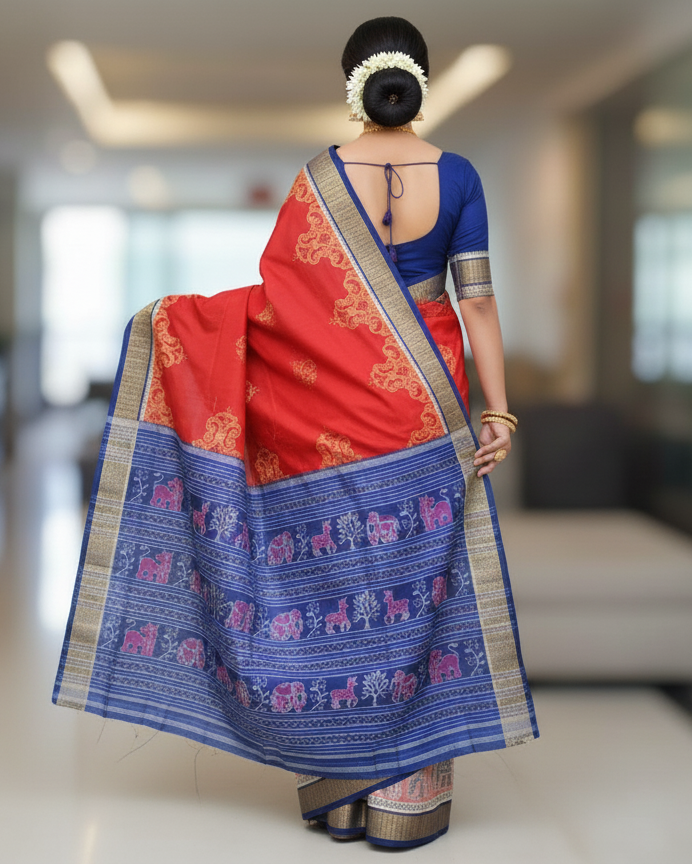 Red White Blue Scot Elephant Design Odisha Handloom Sambalpuri Cotton Saree