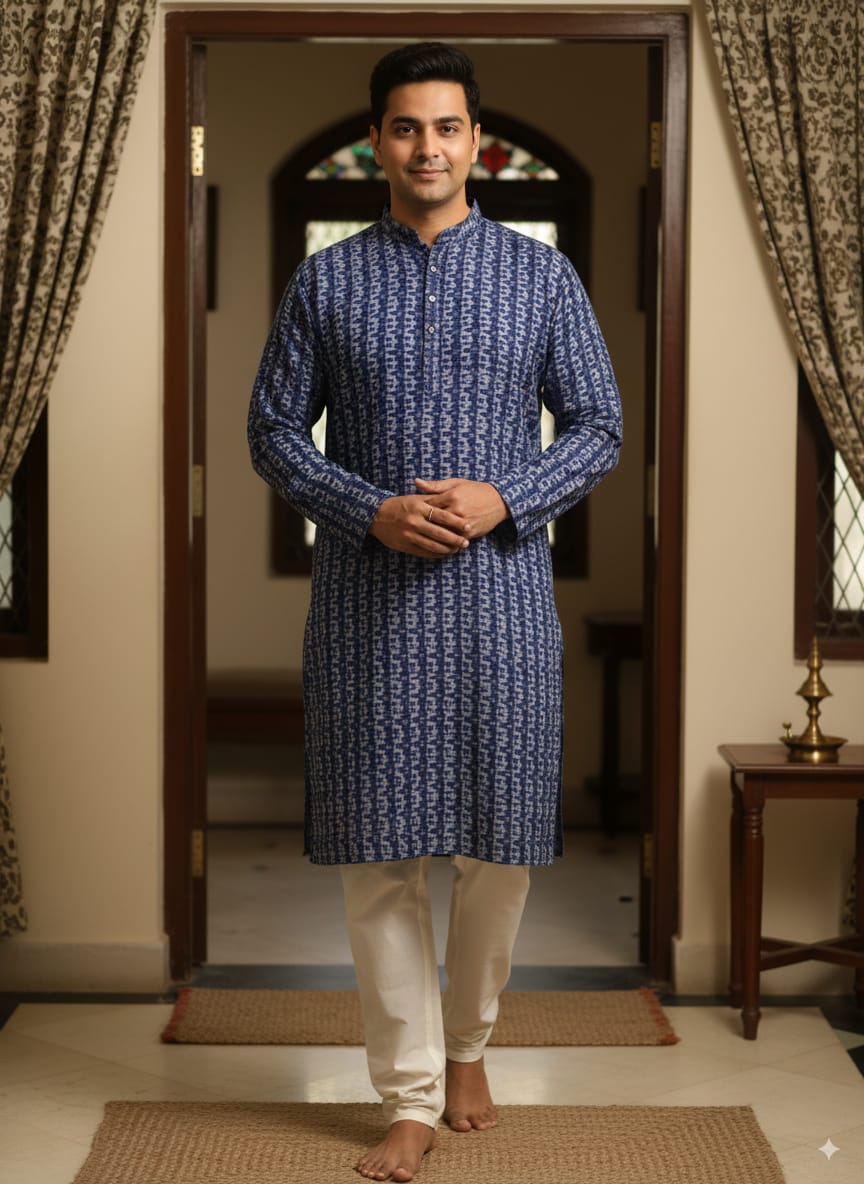 Blue Men's Pure Cotton Handloom Kurta Set – Odisha Weave