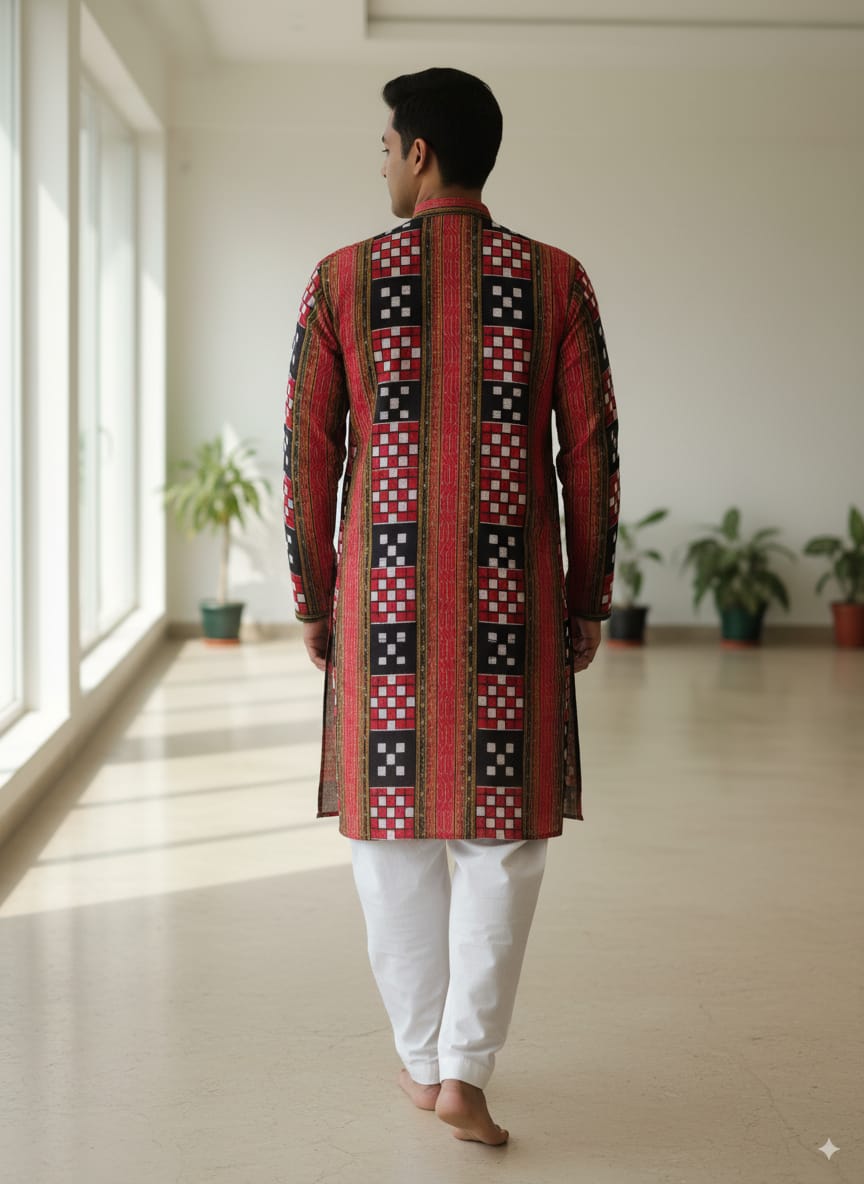 Red Black Pasapali Ikat Men's Pure Cotton Handloom Kurta Set – Odisha Weave
