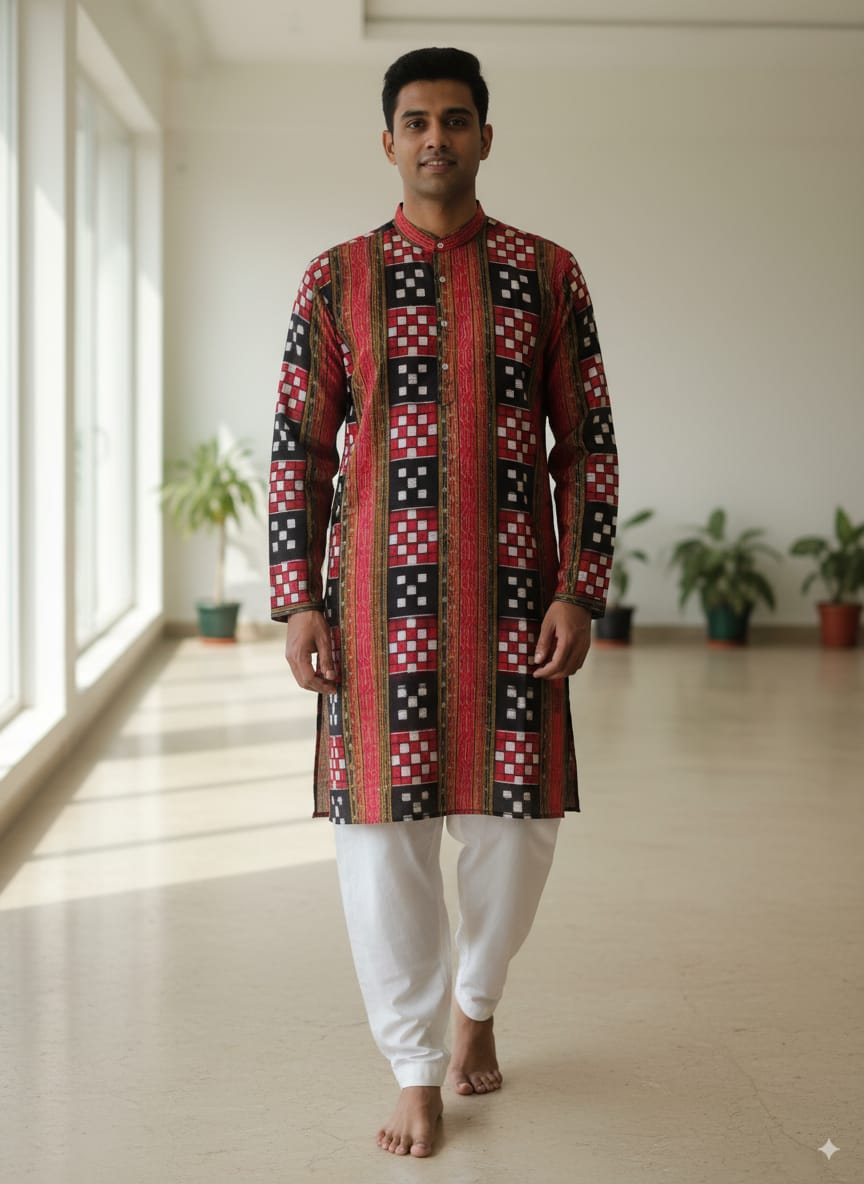Red Black Pasapali Ikat Men's Pure Cotton Handloom Kurta Set – Odisha Weave