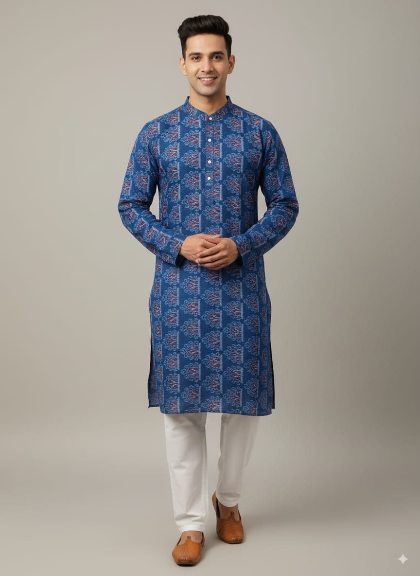 Blue Tribal House Ikat Men's Pure Cotton Handloom Kurta Set – Odisha Weave
