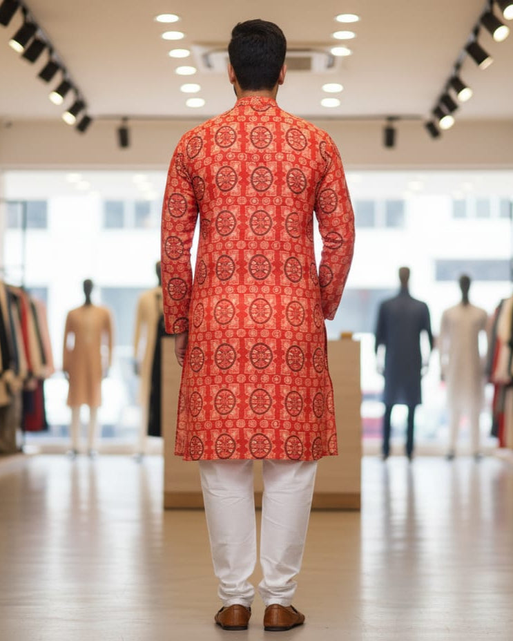 Rust Konark Chakra Ikat Men's Pure Cotton Handloom Kurta Set – Odisha Weave