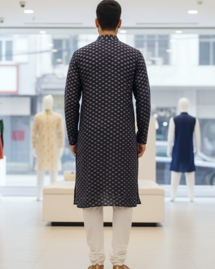 Blue Mashroon Design Men's Pure Cotton Handloom Kurta Set – Odisha Weave