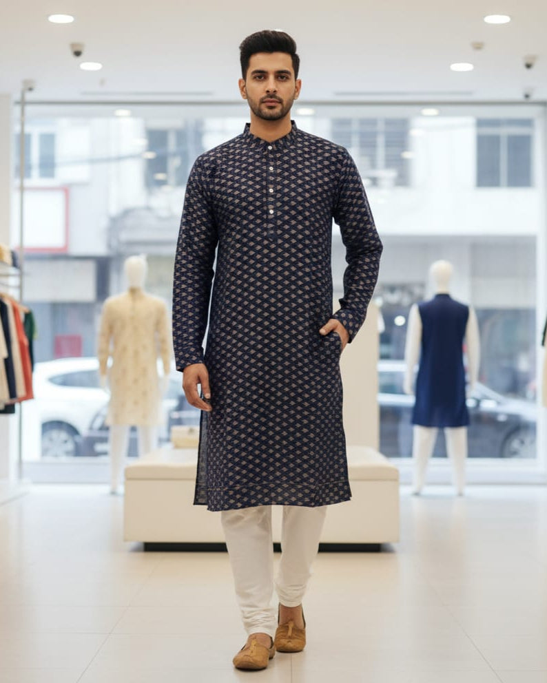 Blue Mashroon Design Men's Pure Cotton Handloom Kurta Set – Odisha Weave