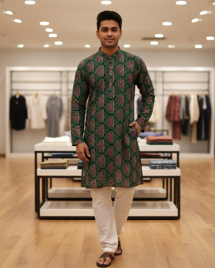 Green Tribal House Ikat Men's Pure Cotton Handloom Kurta Set – Odisha Weave