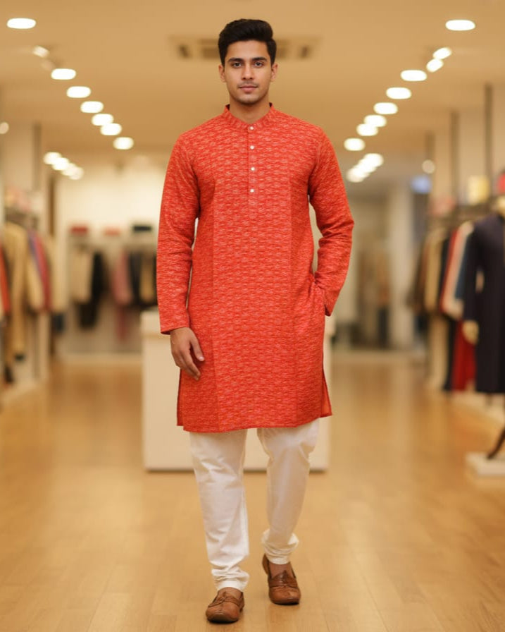 Rust White Men's Pure Cotton Handloom Kurta Set – Odisha Weave