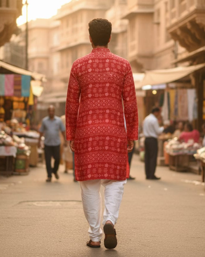 Rust Lotus And House Ikat Men's Pure Cotton Handloom Kurta Set – Odisha Weave