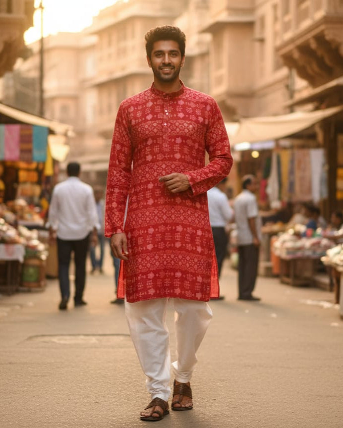 Rust Lotus And House Ikat Men's Pure Cotton Handloom Kurta Set – Odisha Weave