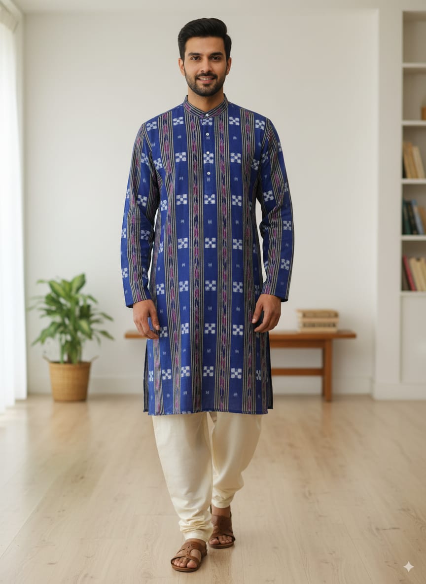 Blue Pasapali Tribal Men's Pure Cotton Handloom Kurta Set – Odisha Weave