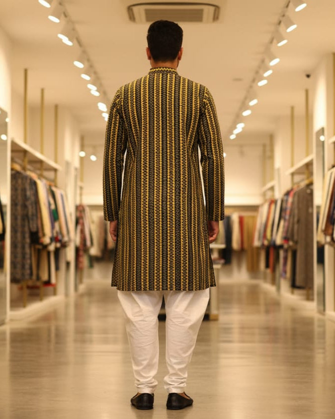 Black Golden Ikat Men's Pure Cotton Handloom Kurta Set – Odisha Weave