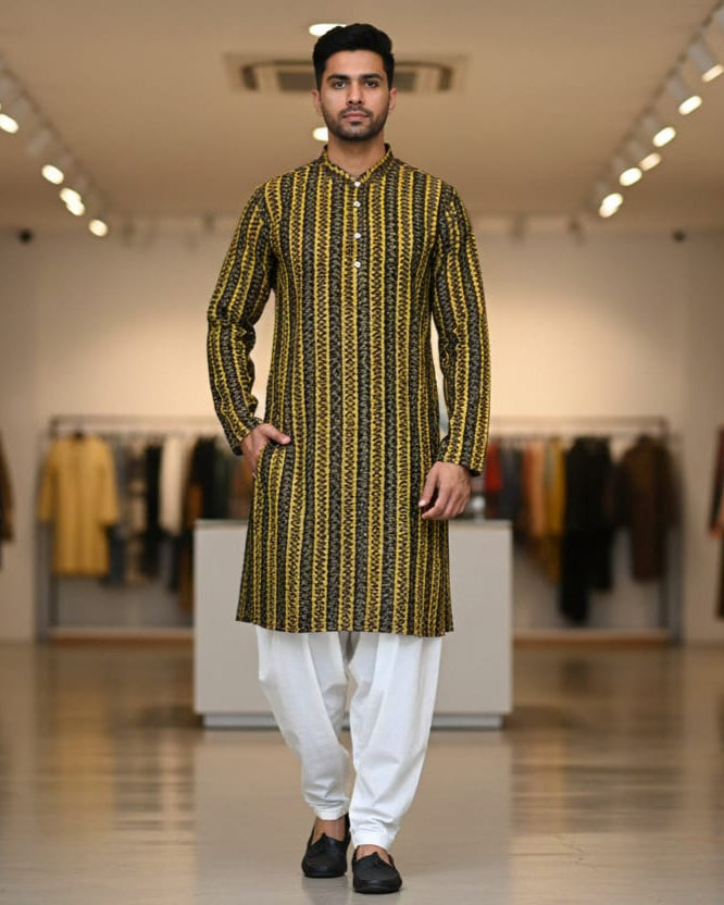 Black Golden Ikat Men's Pure Cotton Handloom Kurta Set – Odisha Weave