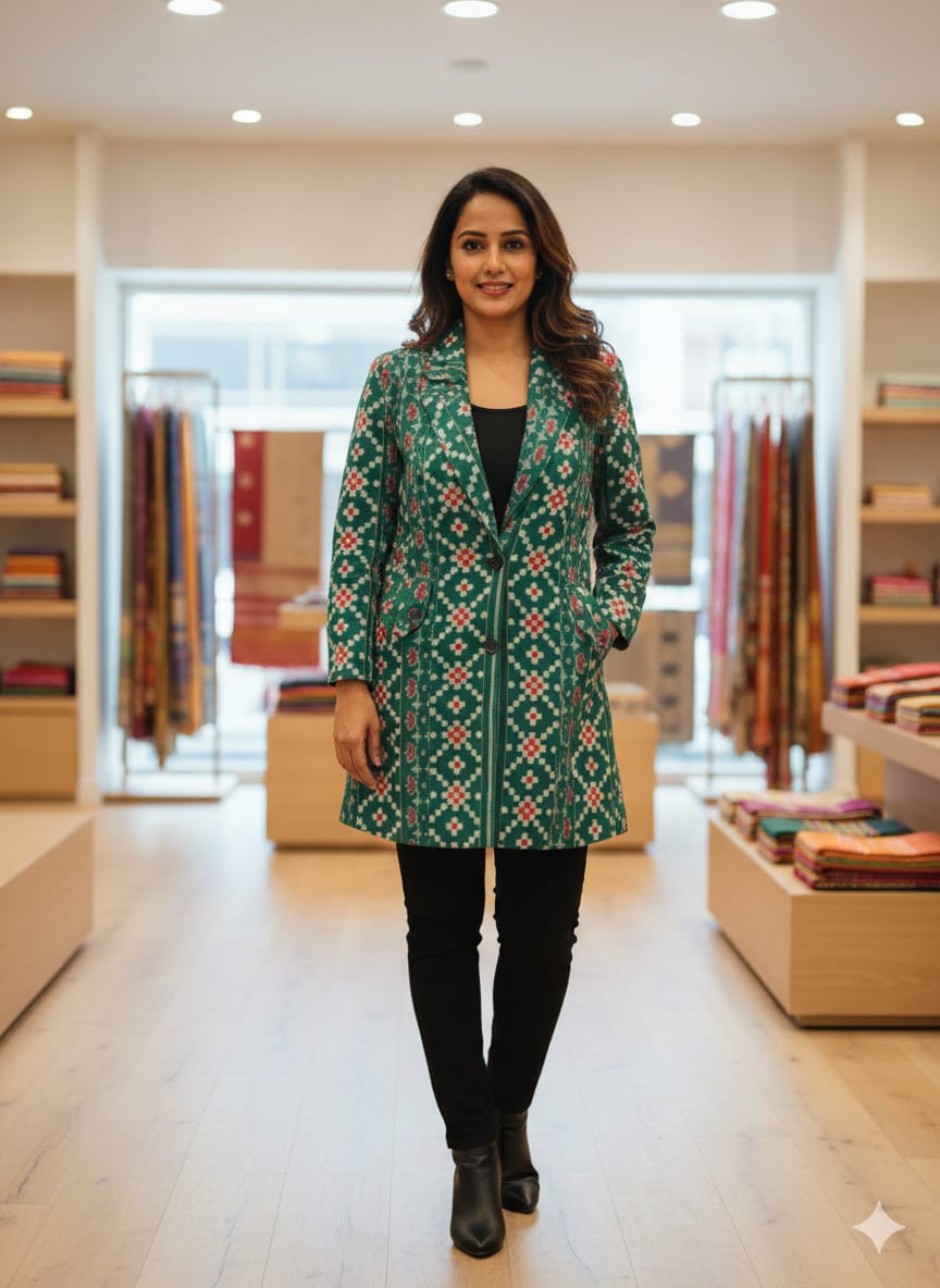 Green Pasapali With Flower Women Long Blazer