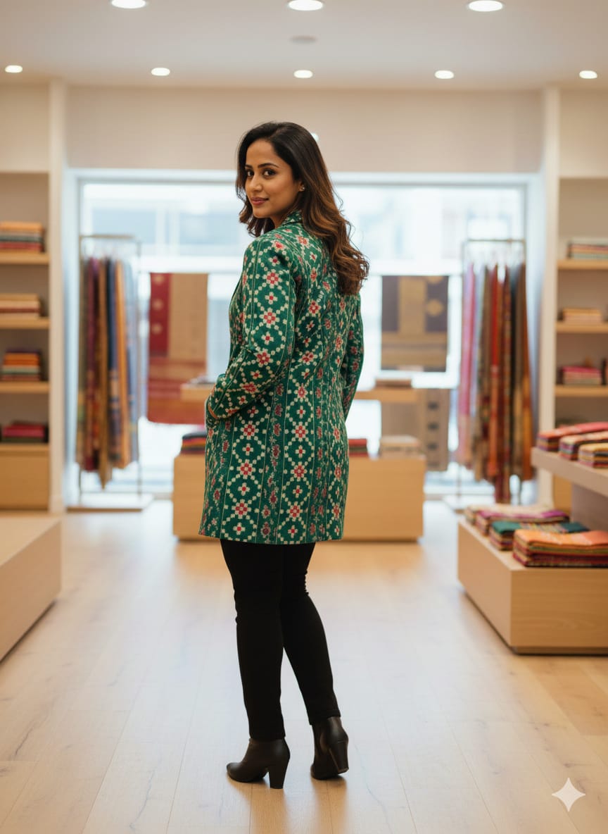 Green Pasapali With Flower Women Long Blazer