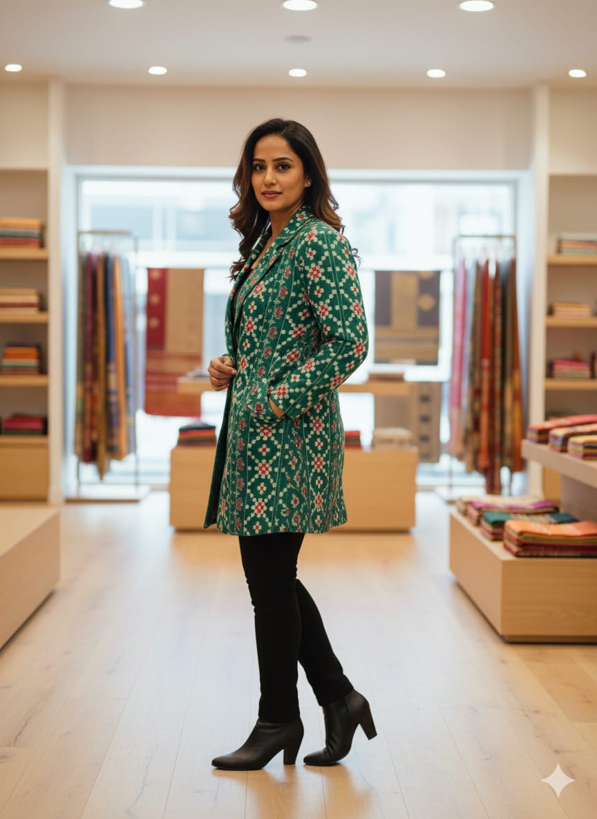 Green Pasapali With Flower Women Long Blazer