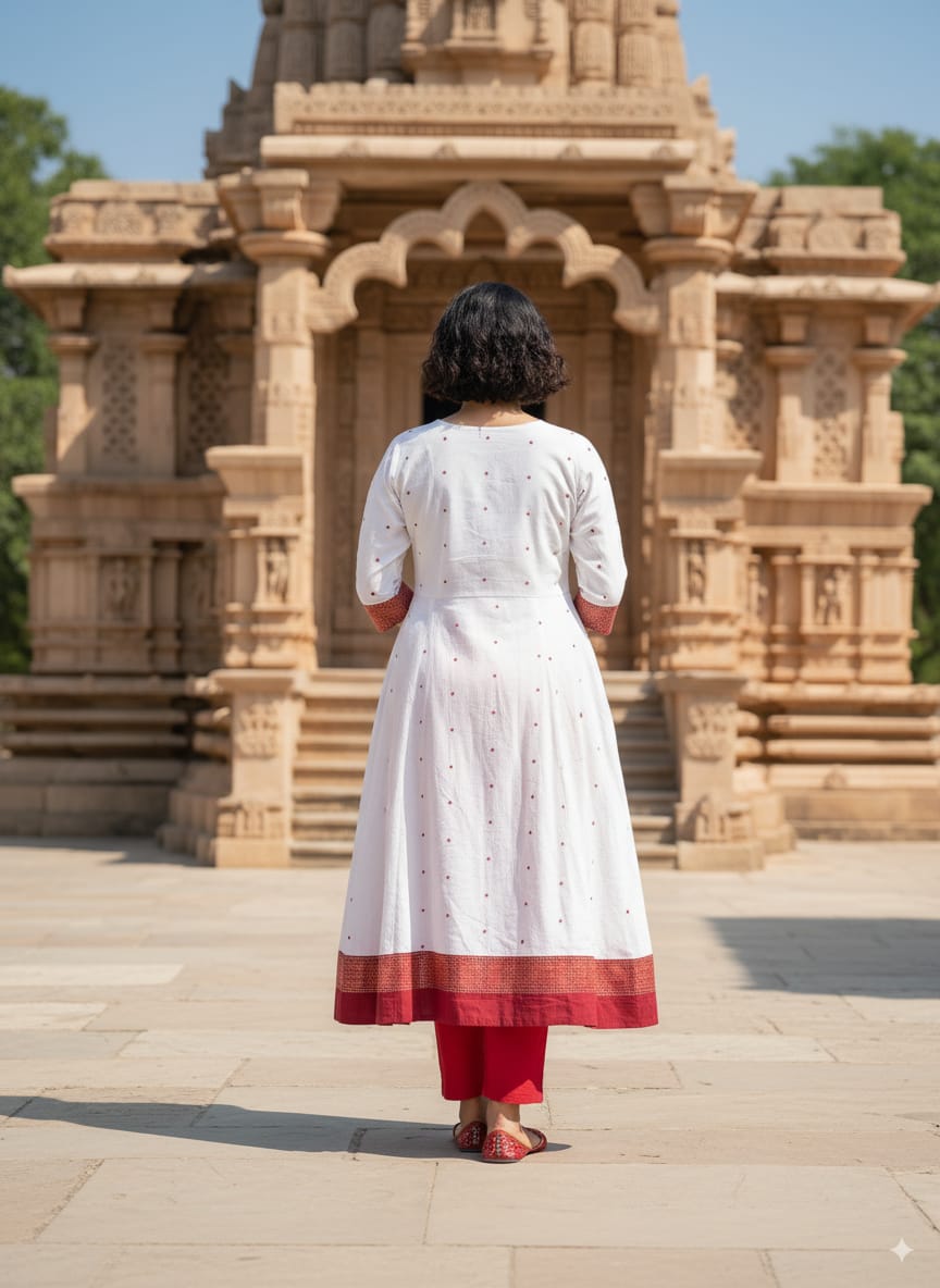 White Red Pasapali Designer A-Line Anarkali