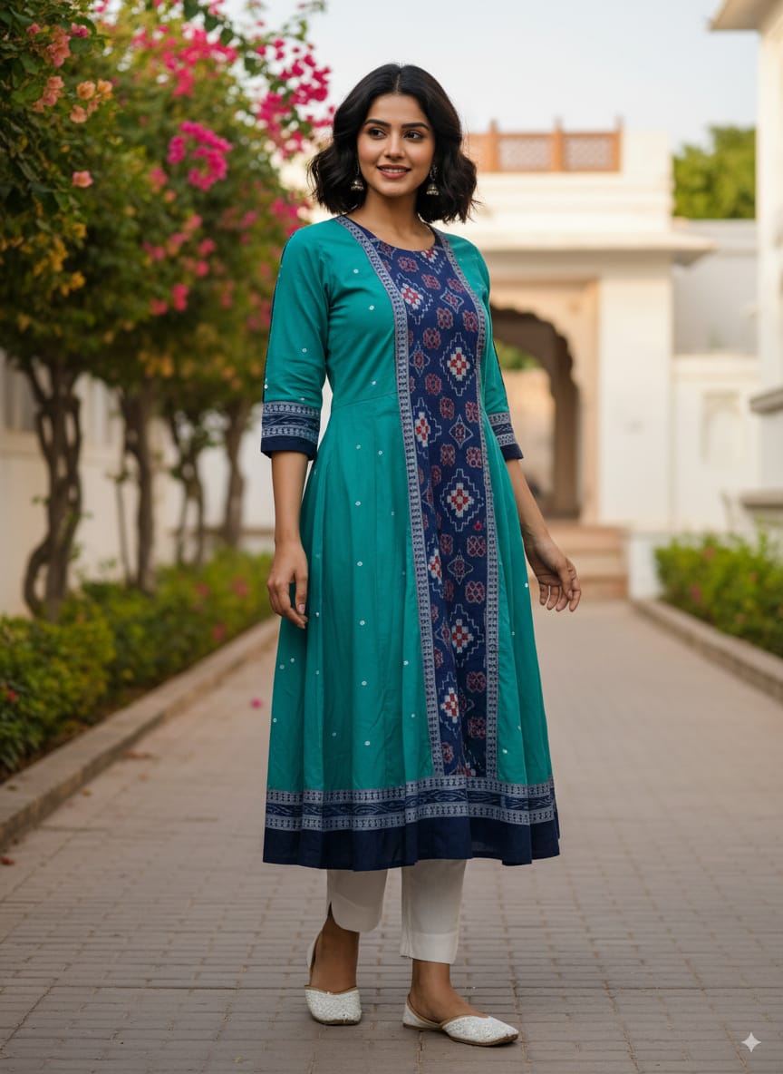 Sea Green Blue Pasapali And Flower Designer A-Line Anarkali