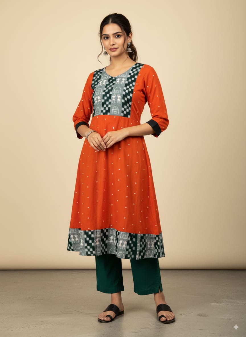 Orange Green Tribal With Pasapali Designer A-Line Anarkali