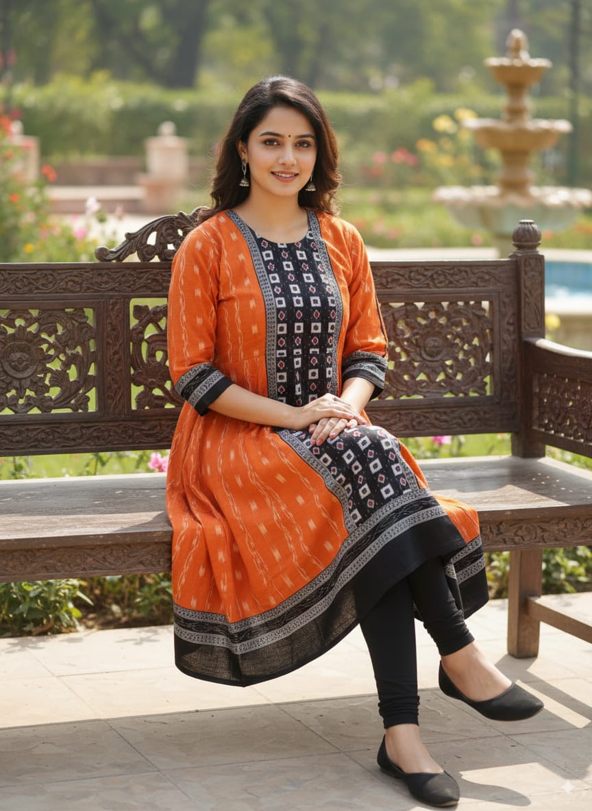 Orange Black Small Pasapali Designer A-Line Anarkali