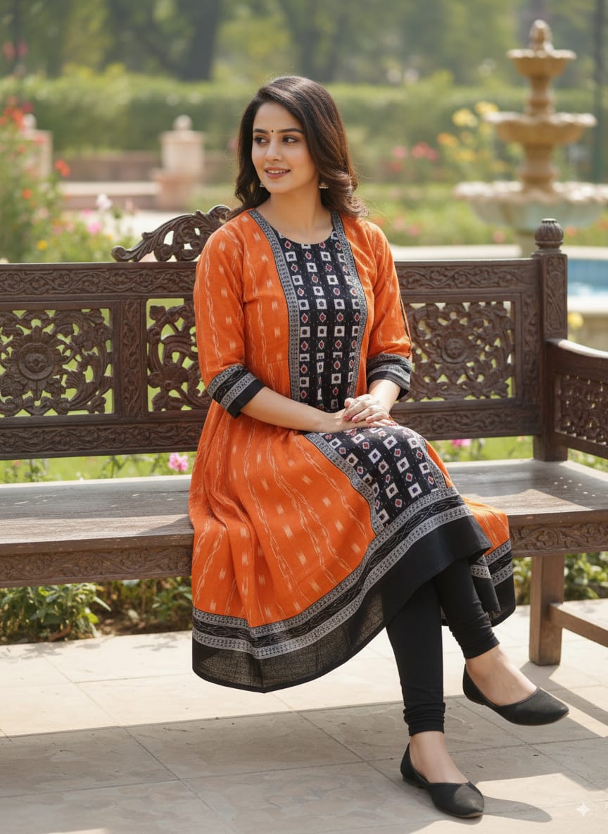 Orange Black Small Pasapali Designer A-Line Anarkali
