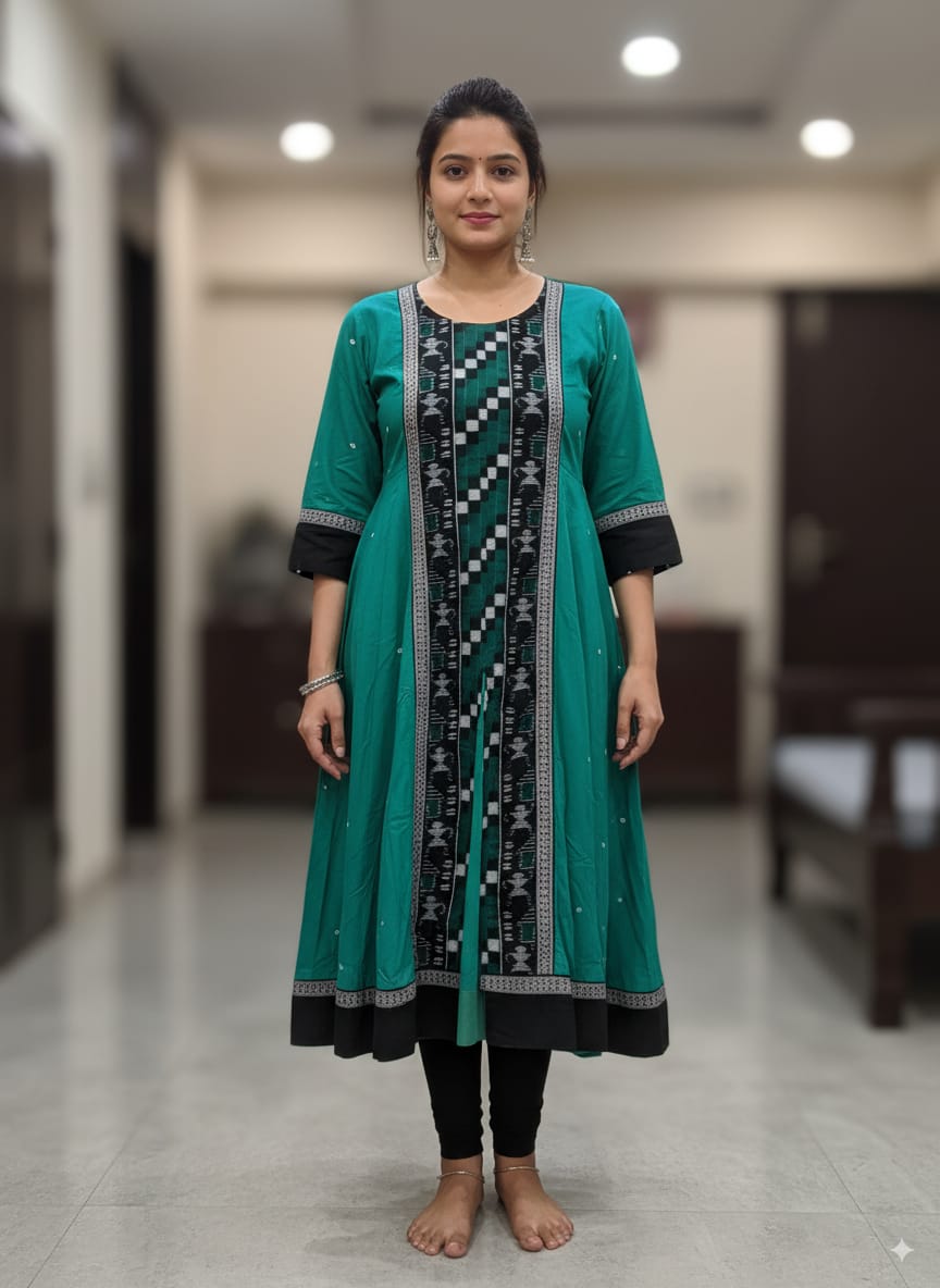 Sea Green Black Tribal And Pasapali Designer A-Line Anarkali