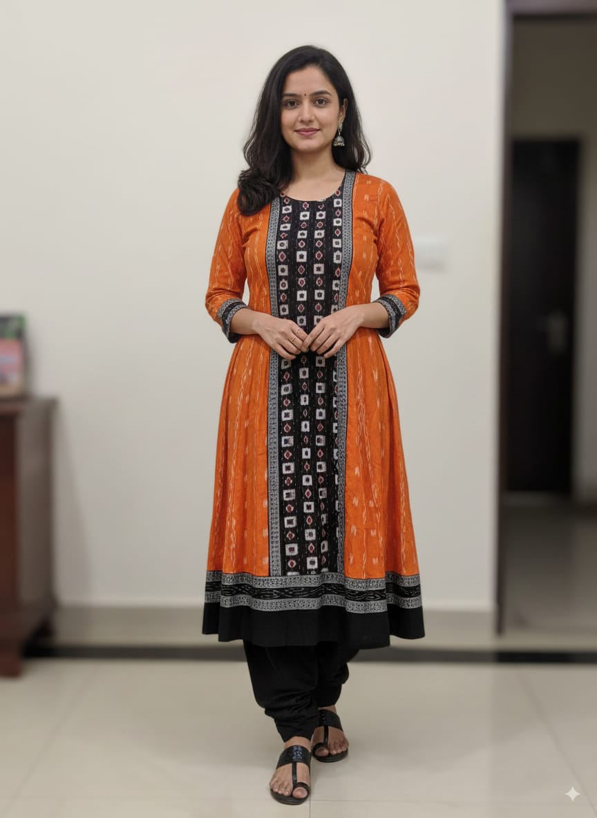 Orange Black Small Pasapali Designer A-Line Anarkali