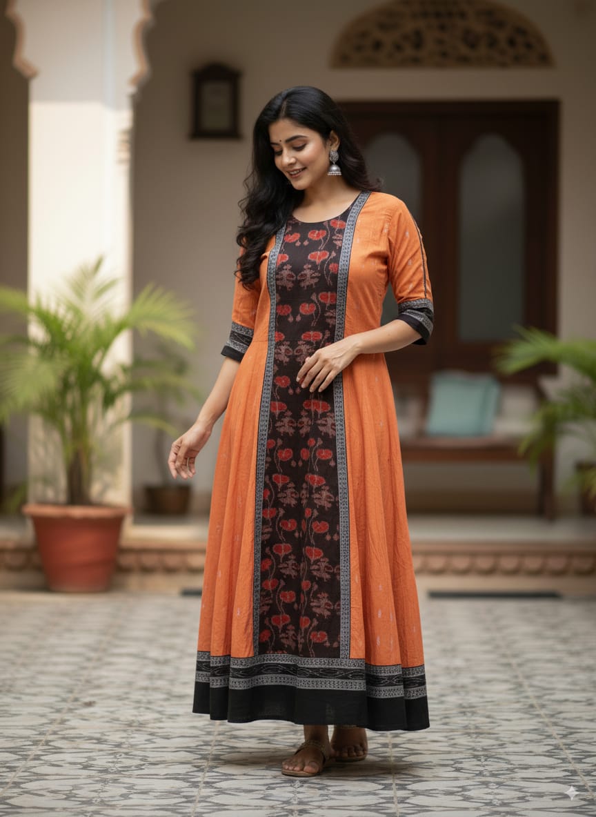 Orange Black Tribal  And Flower Designer A-Line Anarkali
