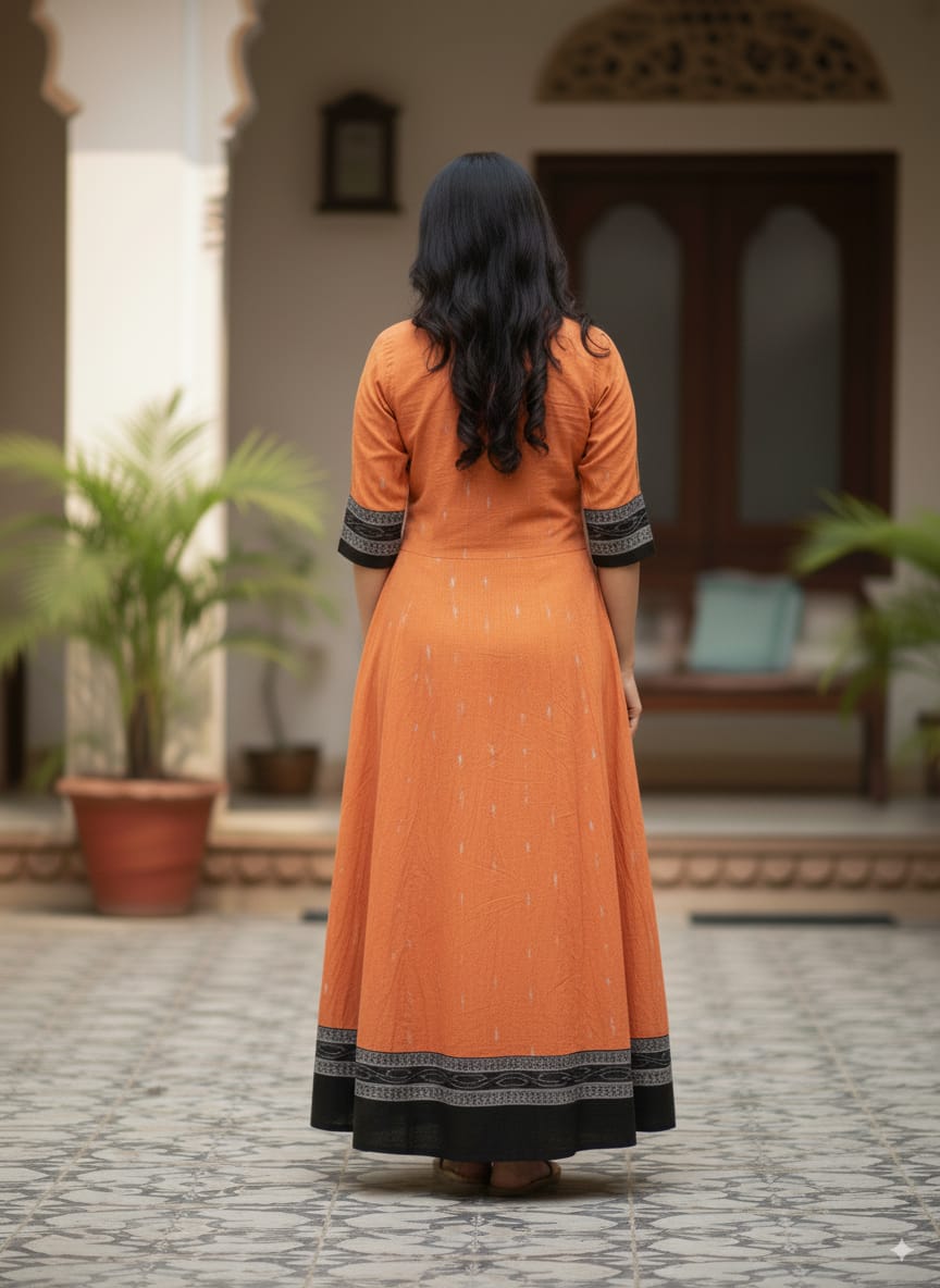 Orange Black Tribal  And Flower Designer A-Line Anarkali