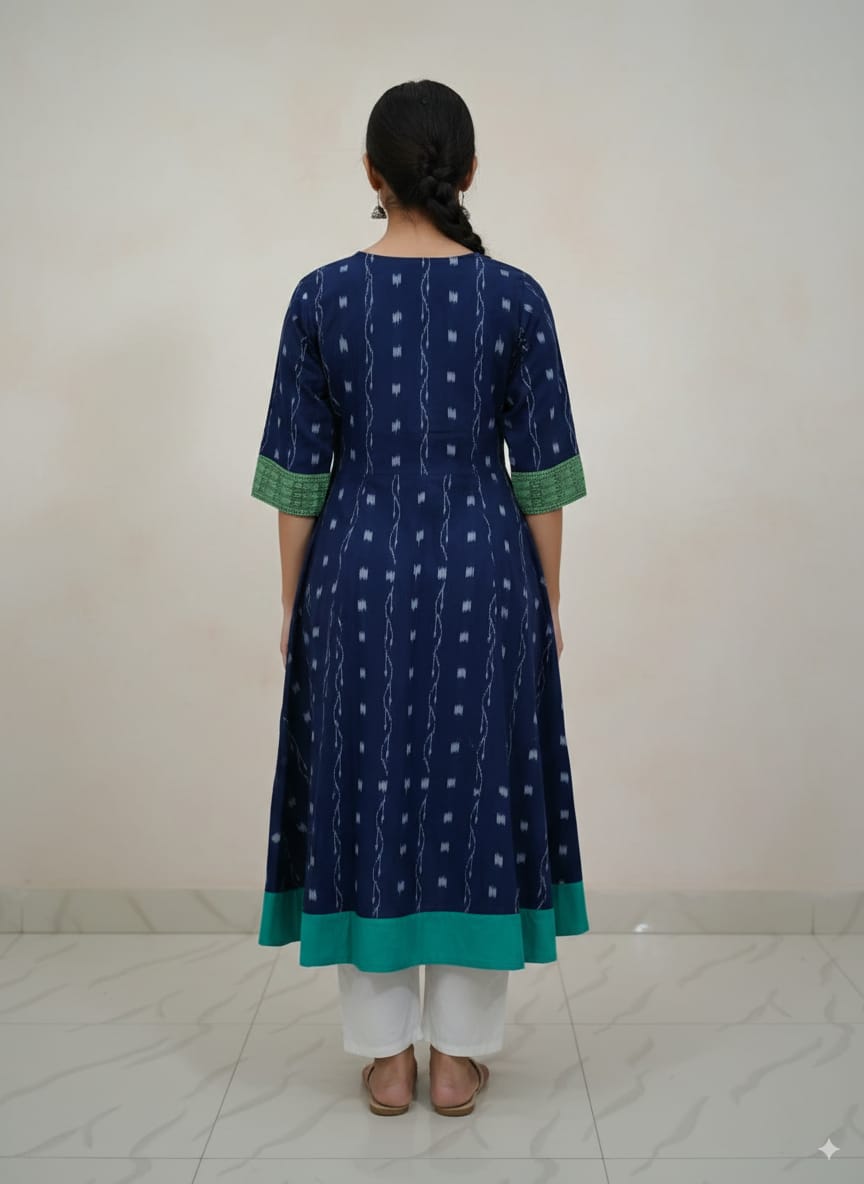 Navy Blue Green White Pasapali Designer A-Line Anarkali