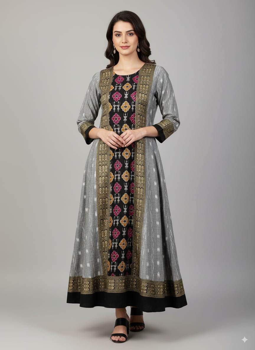Grey Black Tribal And Flower Designer A-Line Anarkali