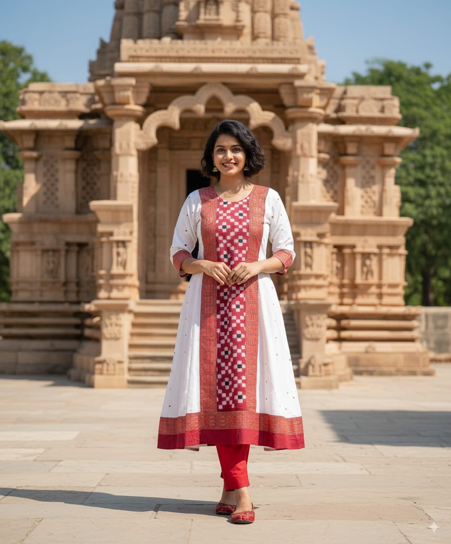 White Red Pasapali Designer A-Line Anarkali
