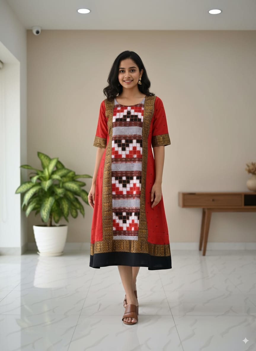 Red White Pasapali With Body Buti Designer A-Line Anarkali