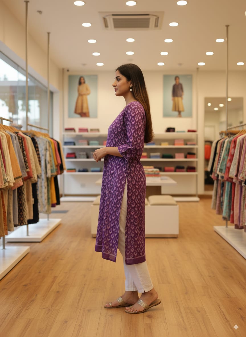 Purple Ikat Design Double Side Designer A-Line Kurti