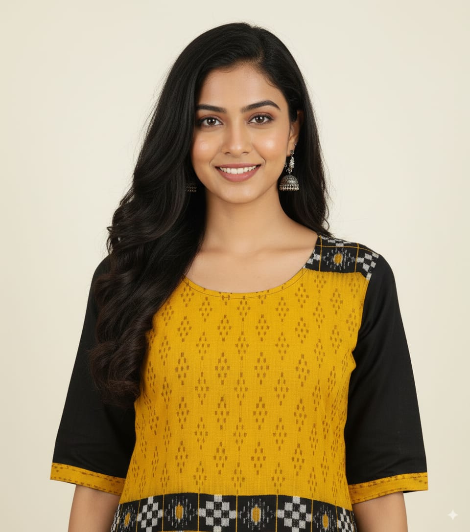 Yellow Black Pasapali Sambalpuri Designer A-Line Kurti