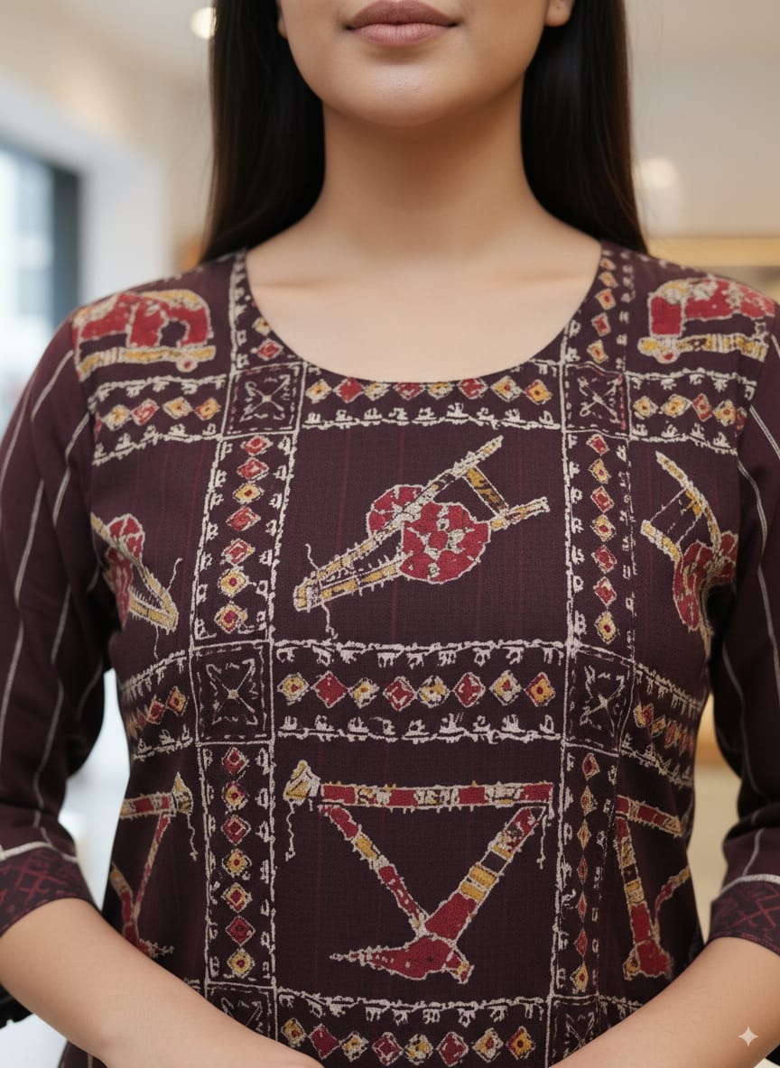 Coffee Plough Design Single Side Designer A-Line Kurti