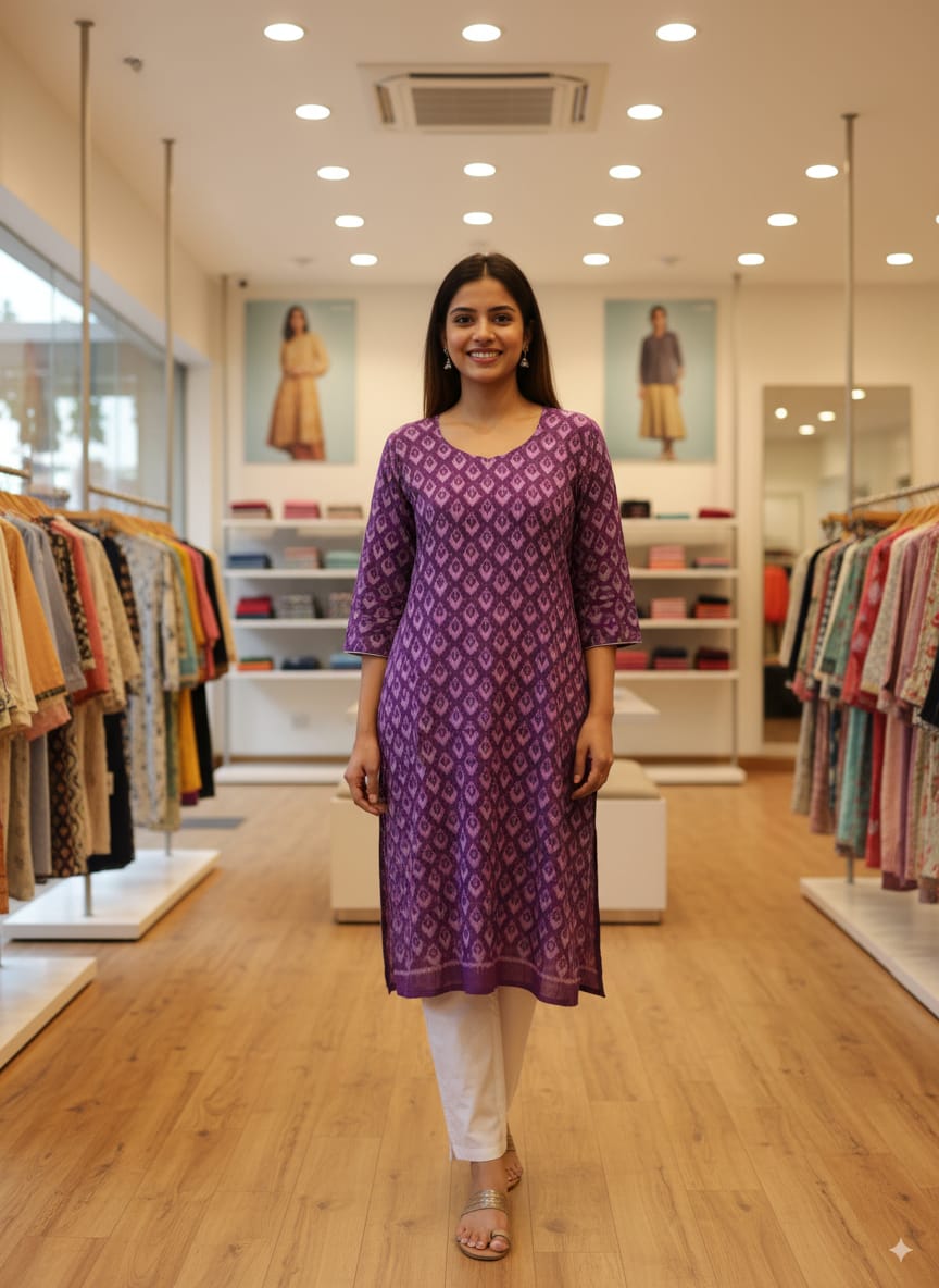 Purple Ikat Design Double Side Designer A-Line Kurti