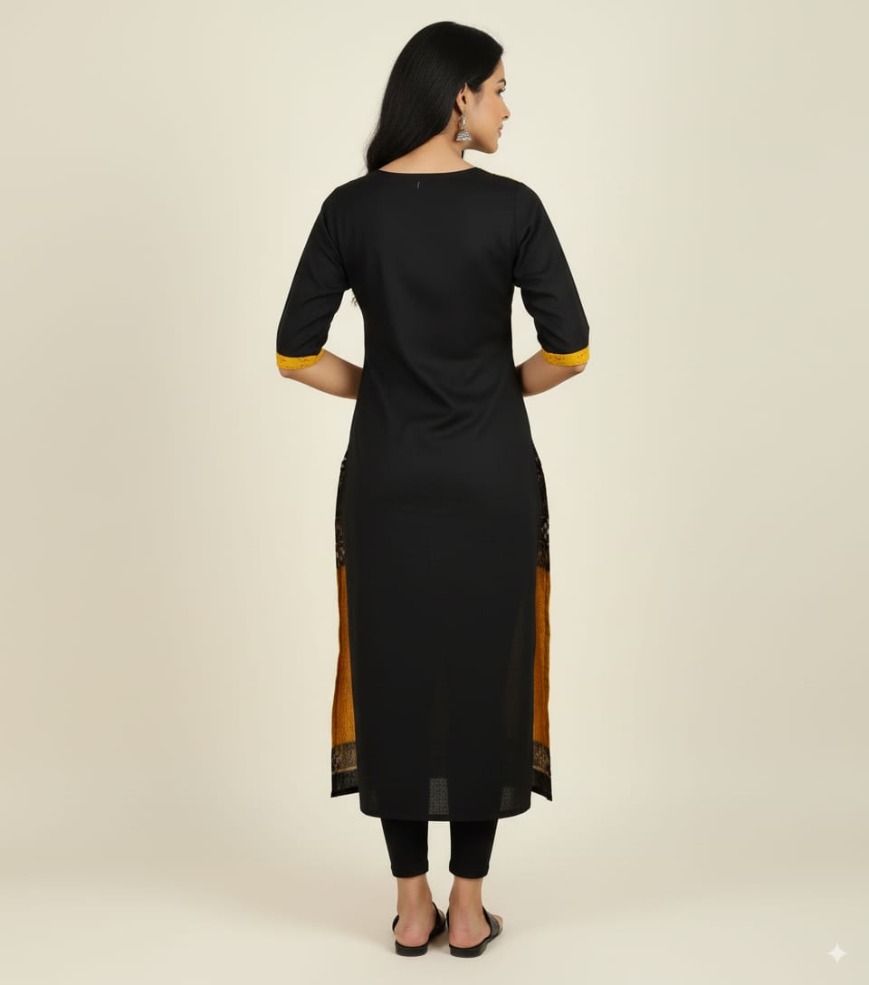 Yellow Black Pasapali Sambalpuri Designer A-Line Kurti