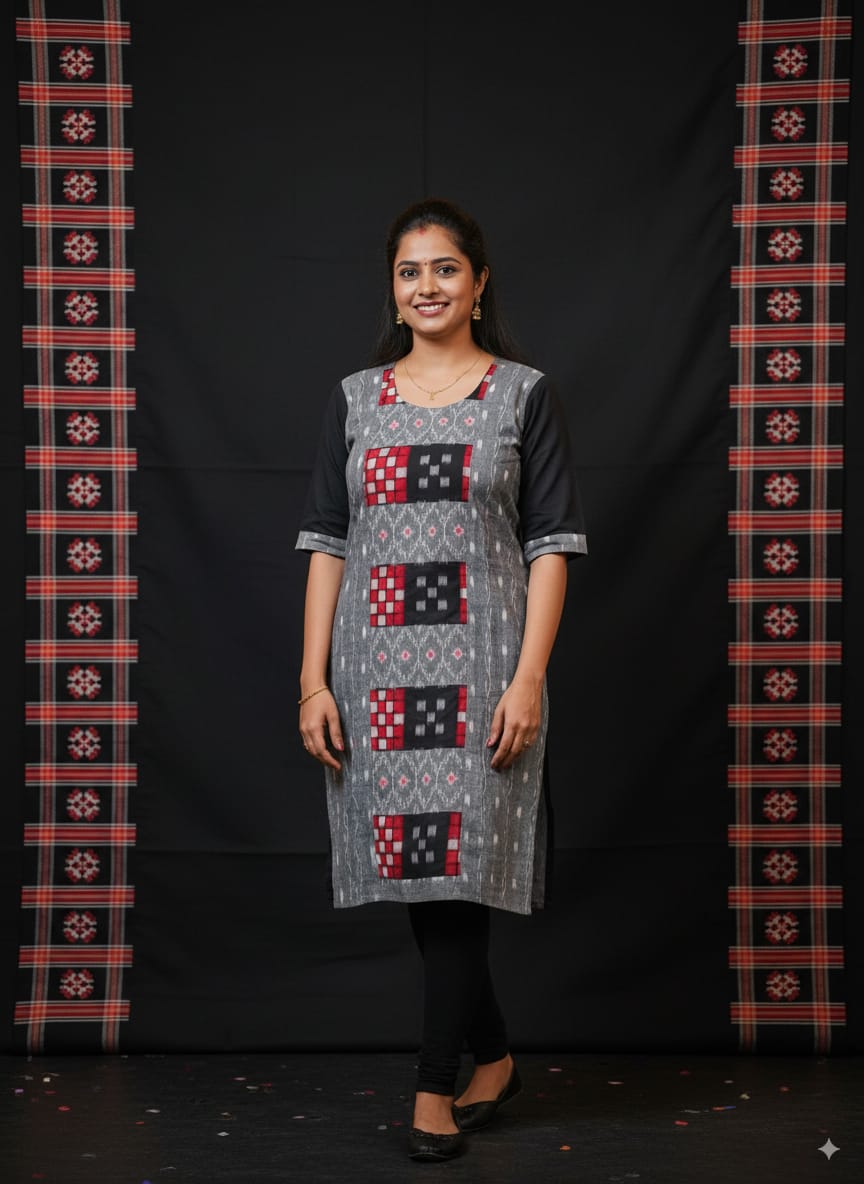 Grey Black Red Pasapali Designer Single Side Sambalpuri A-Line Kurti