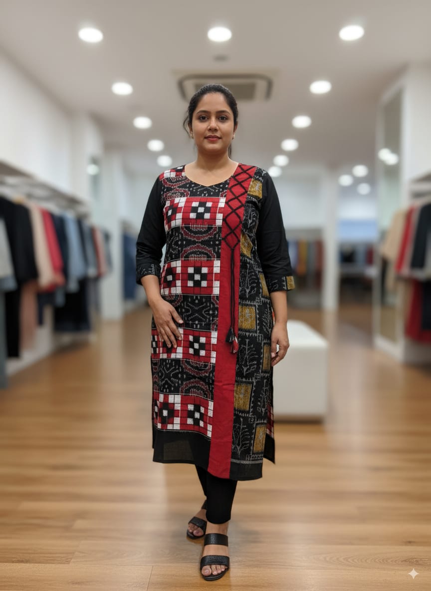 Red Black Pasapali Design Single Side Designer A-Line Kurti