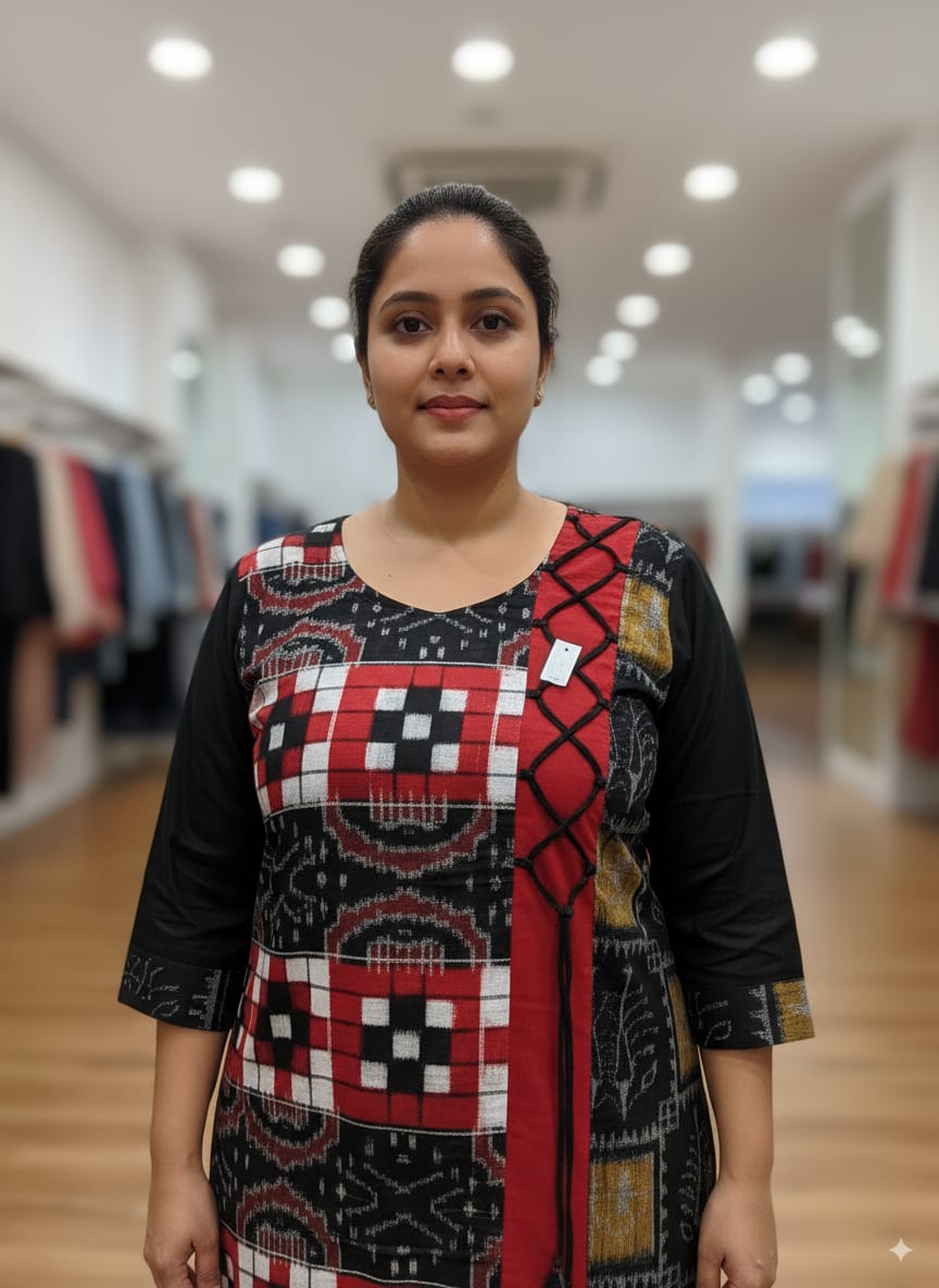 Red Black Pasapali Design Single Side Designer A-Line Kurti