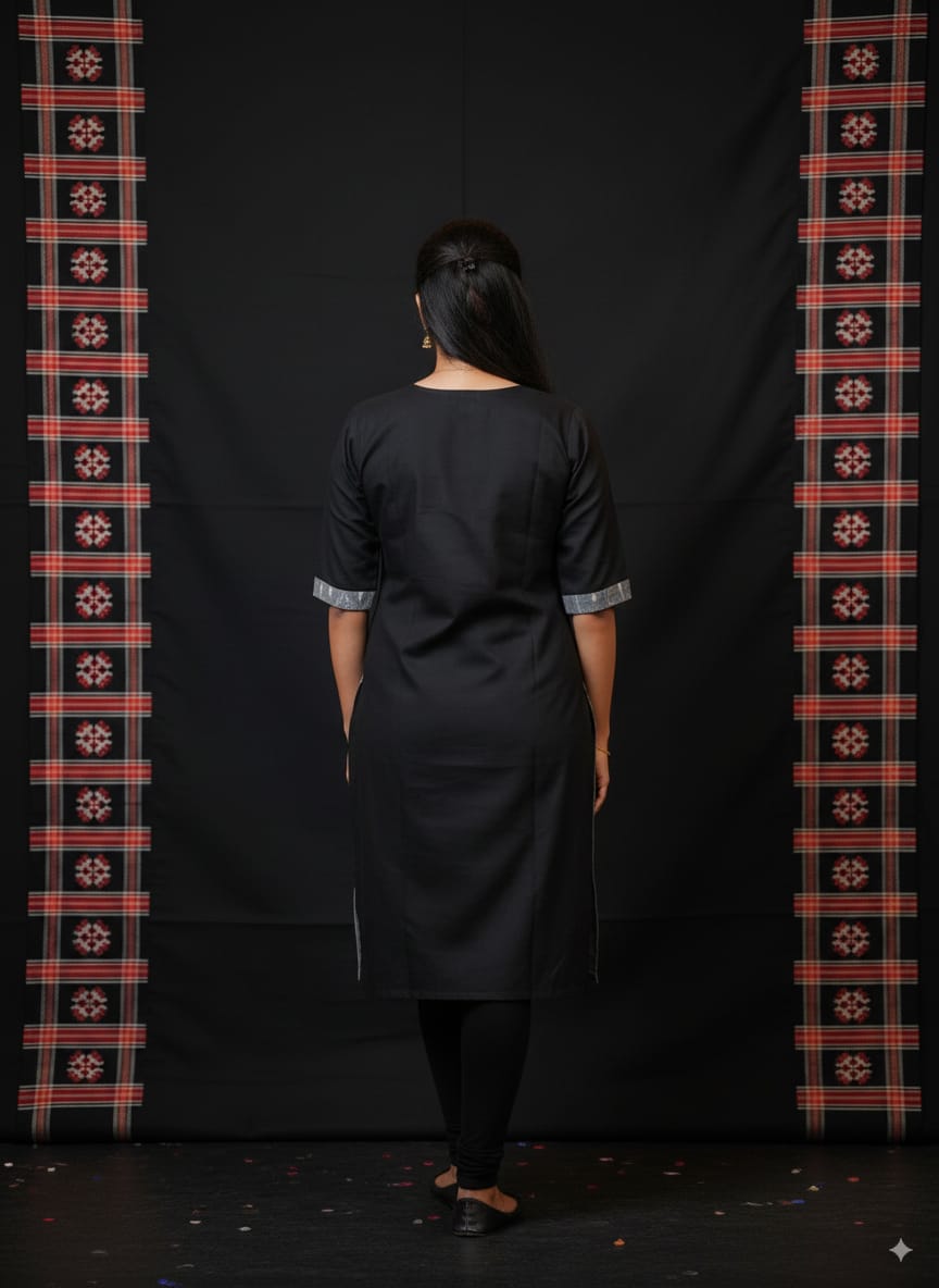 Grey Black Red Pasapali Designer Single Side Sambalpuri A-Line Kurti