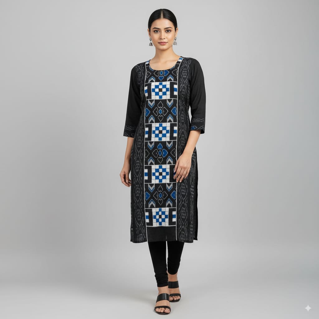Black Blue Pasapali Sambalpuri Designer A-Line Kurti