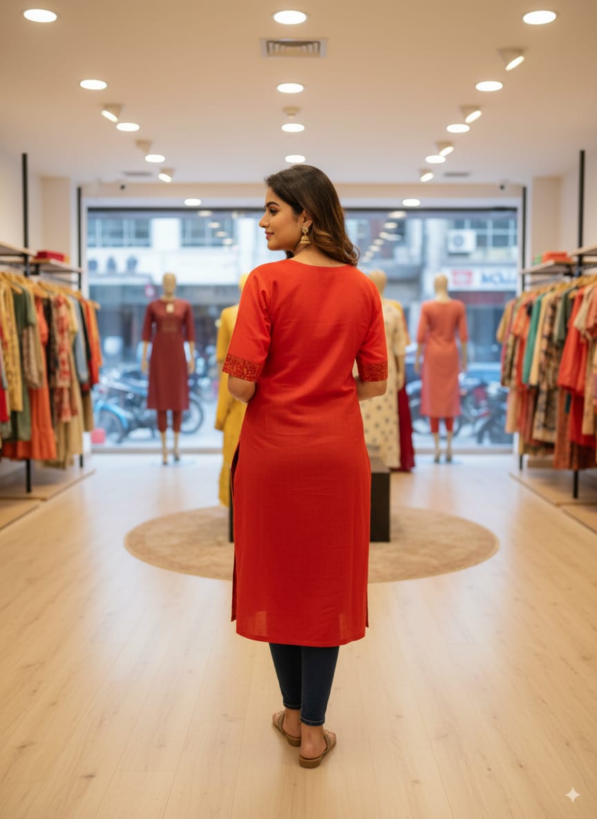 Red Tribal And Tree Designer A-Line Kurti
