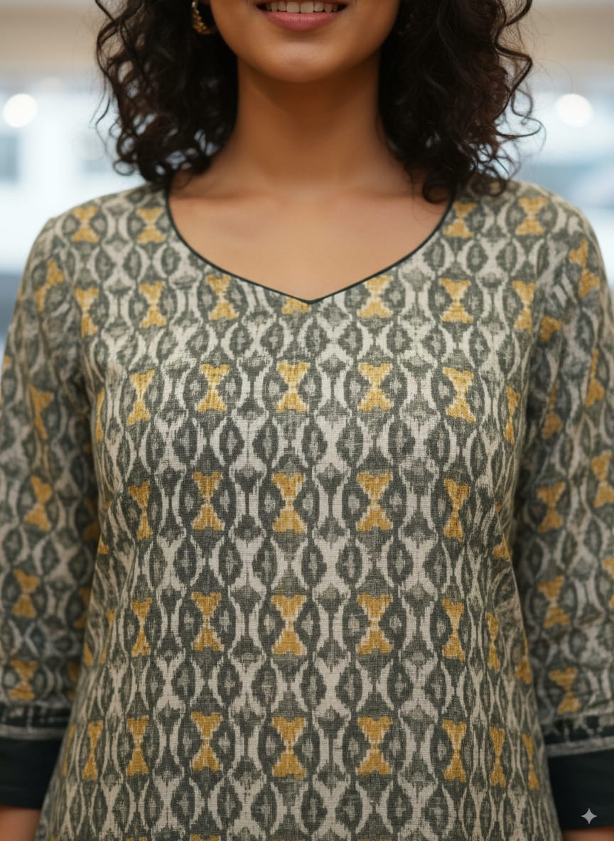 Light Colour Ikat Design Double Side Designer A-Line Kurti